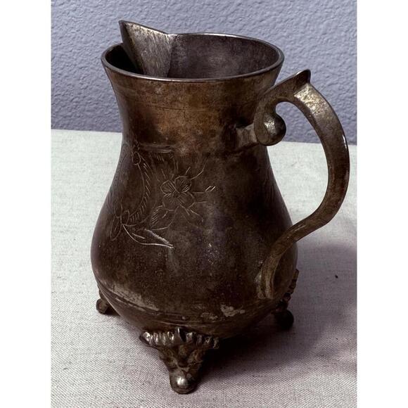 Antique Brass Hand Forged Scallop Leg Floral Etched Pattern Milk Pot Tea Pot Jug - Picture 6 of 9